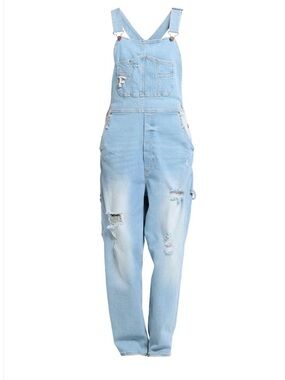 Fracomina Light Wash Distressed Denim Overalls with Heavy Rip & Rhinestones